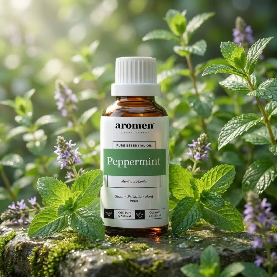 Aromen Peppermint med illustrert peppermynte i bakgrunnen