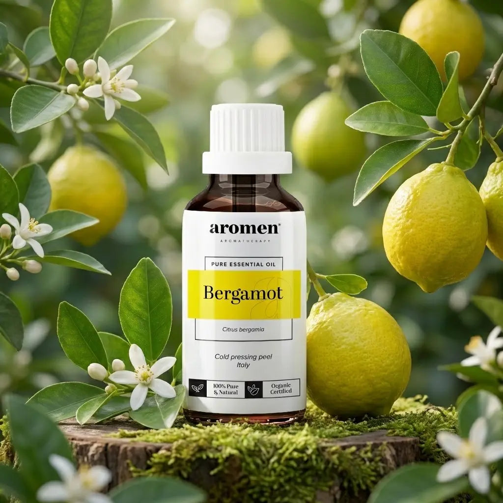 Aromen Bergamot med illustrerte bergamottfrukter i bakgrunnen