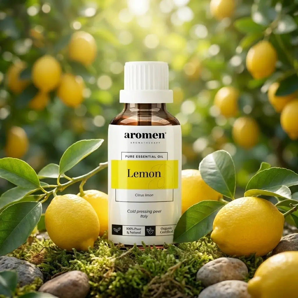 Aromen Lemon med illustrerte sitroner i bakgrunnen