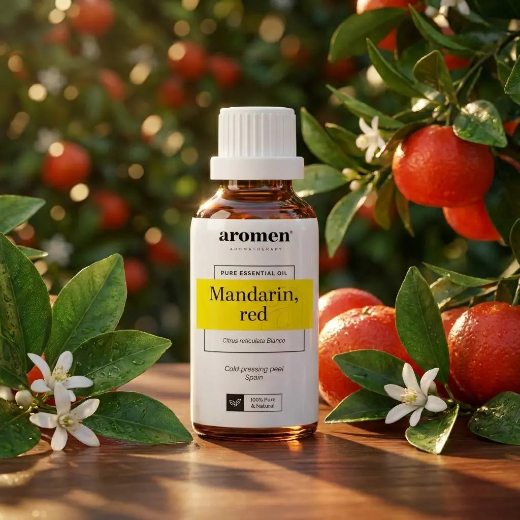 Aromen Red Mandarin med illustrerte røde mandariner i bakgrunnen