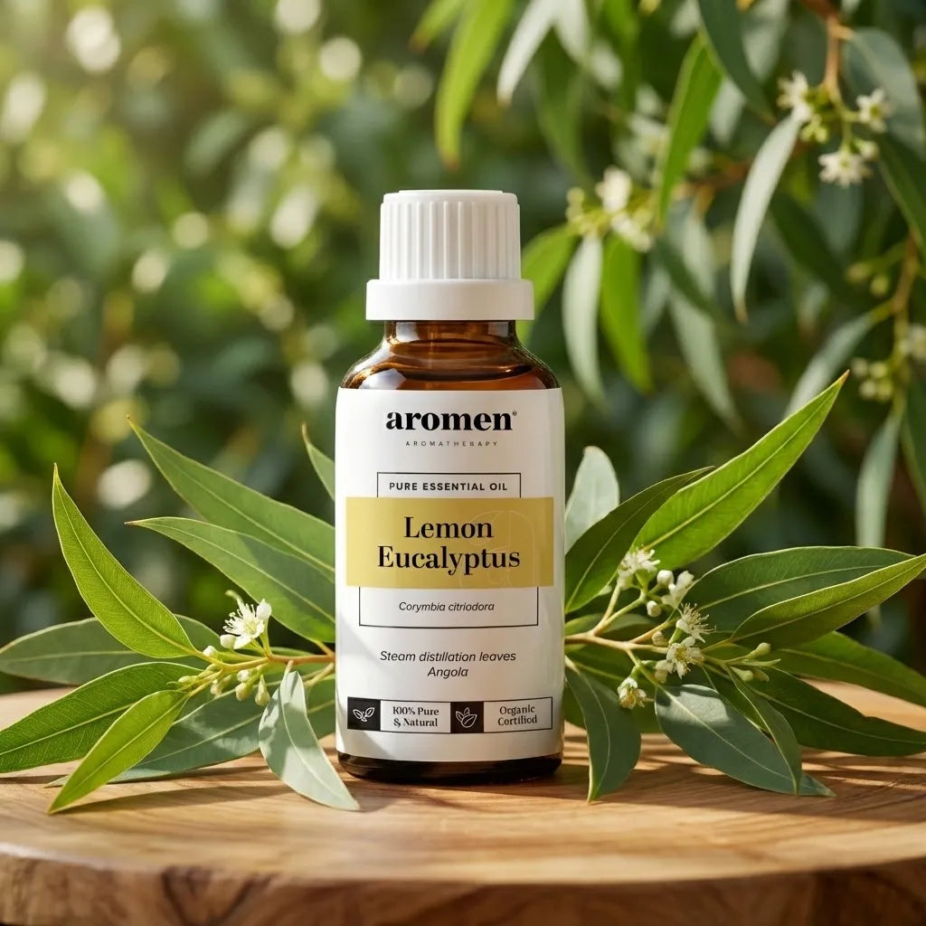 Aromen Eucalyptus Citriodora med illustrert sitroneukalyptus i bakgrunnen