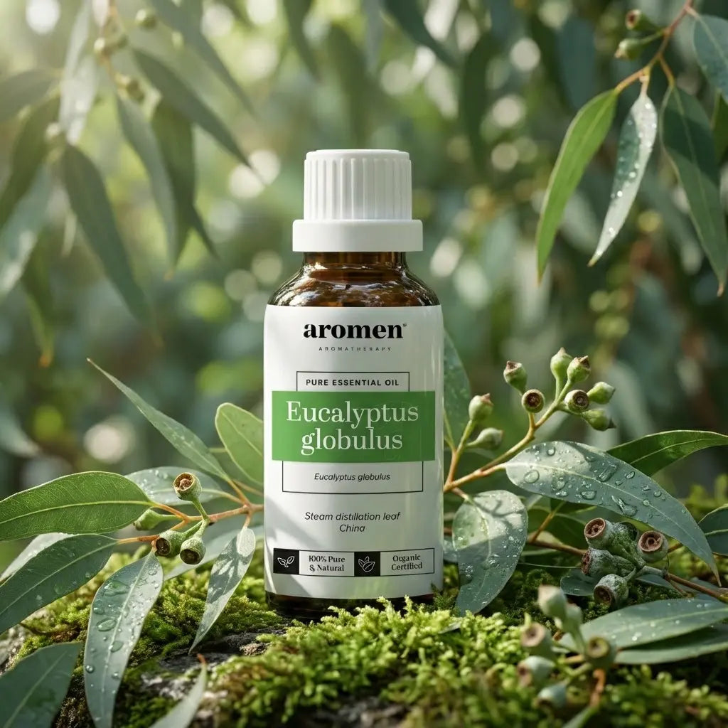 Aromen Eucalyptus Globulus med illustrerte eukalyptusblader i bakgrunnen