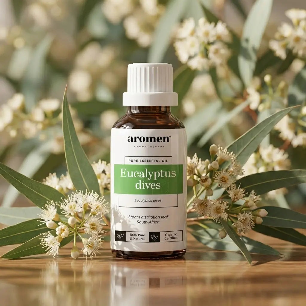 Aromen Eucalyptus Dives med illustrerte eukalyptusblader i bakgrunnen
