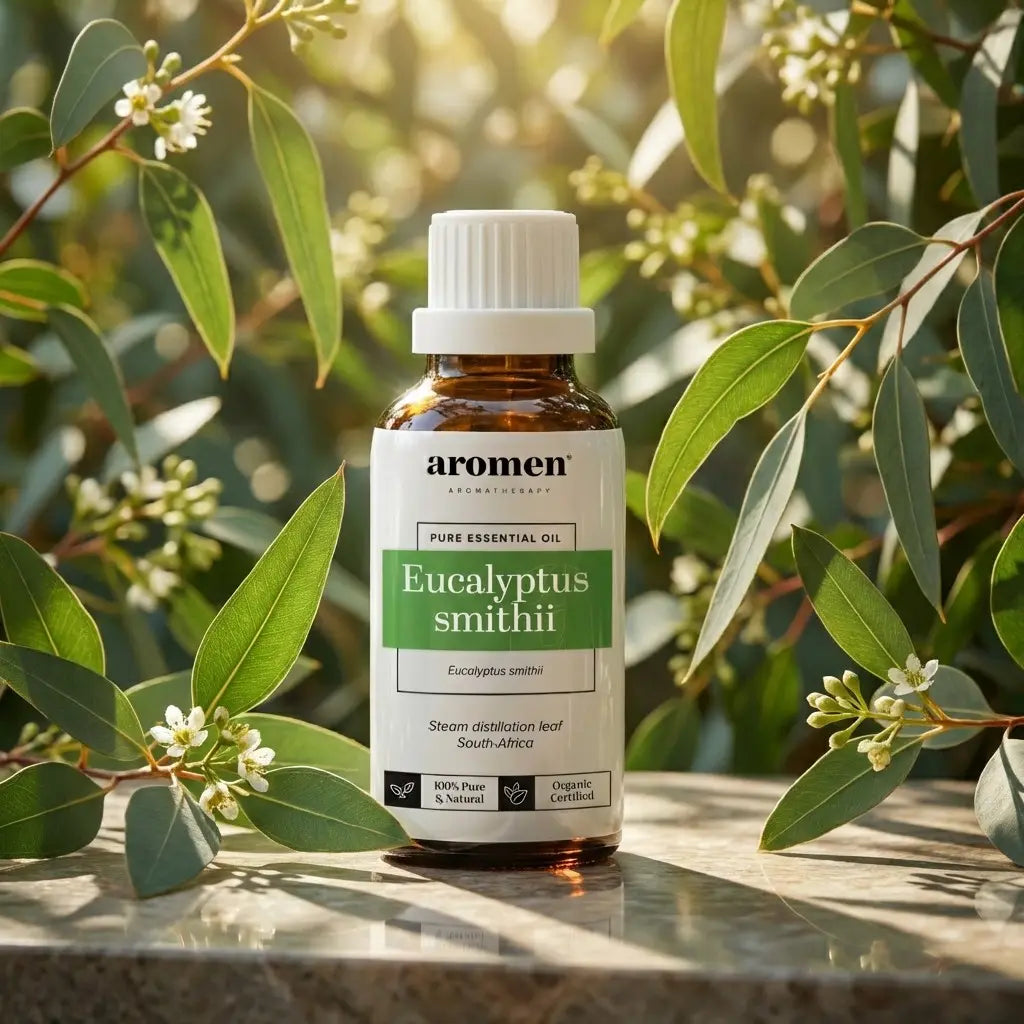 Aromen Eucalyptus Smithii med illustrerte eukalyptusblader i bakgrunnen