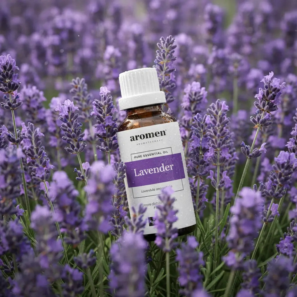 Aromen Fransk Lavendel med illustrerte lavendelblomster i bakgrunnen