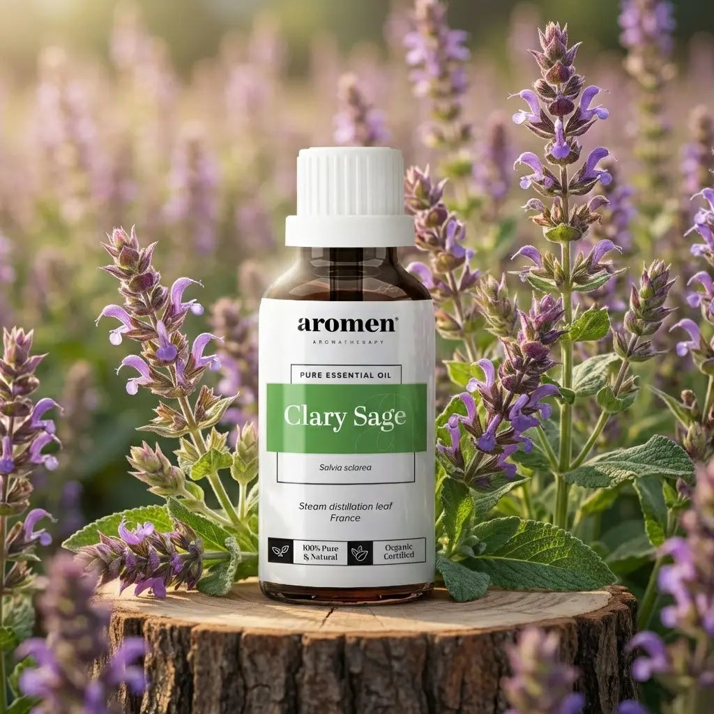 Aromen Clary Sage med illustrert muskatsalvie i bakgrunnen