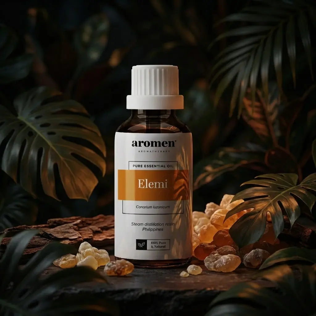 Aromen Elemi med illustrert elemi og harpiks i bakgrunnen