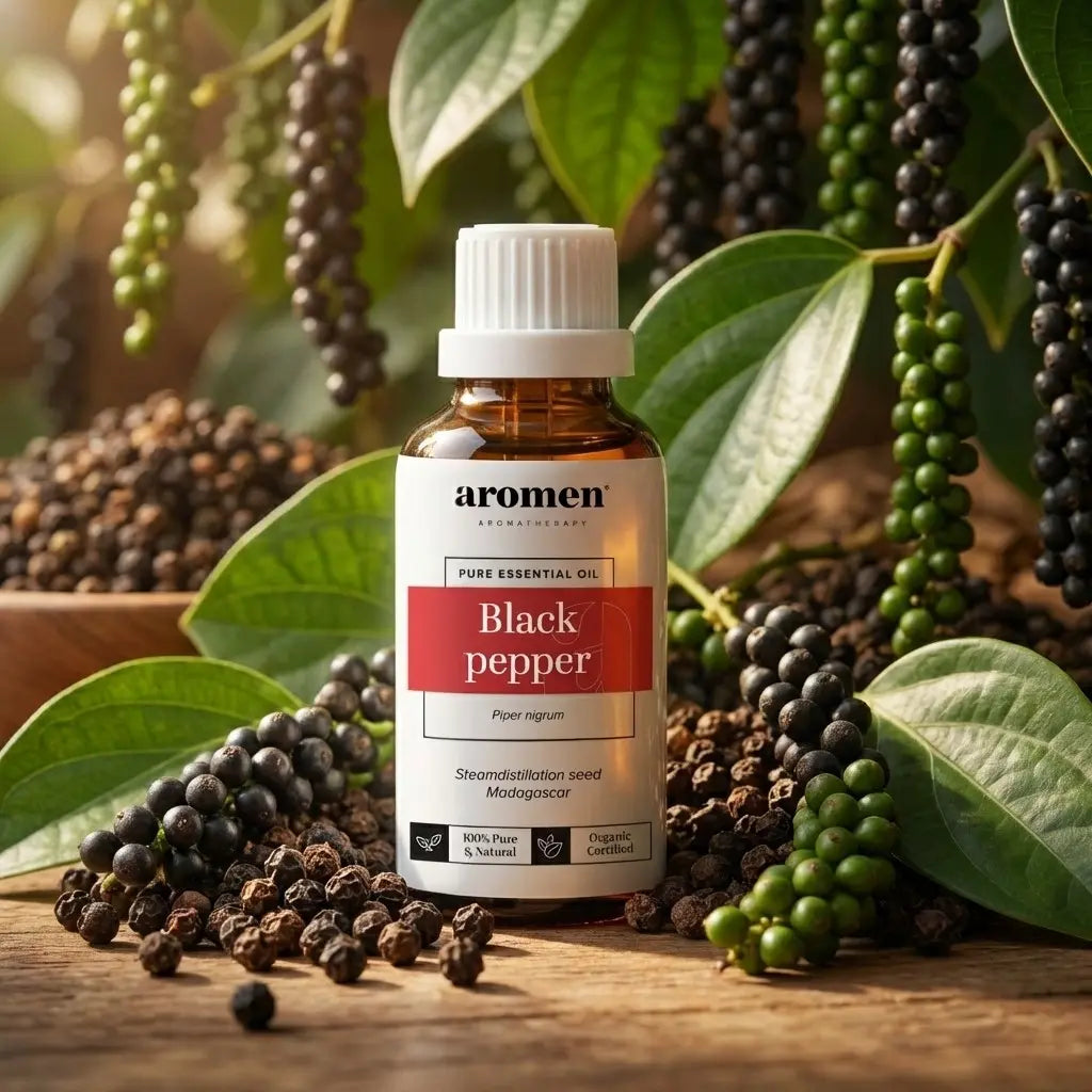 Aromen Black Pepper med illustrerte sorte pepperkorn i bakgrunnen