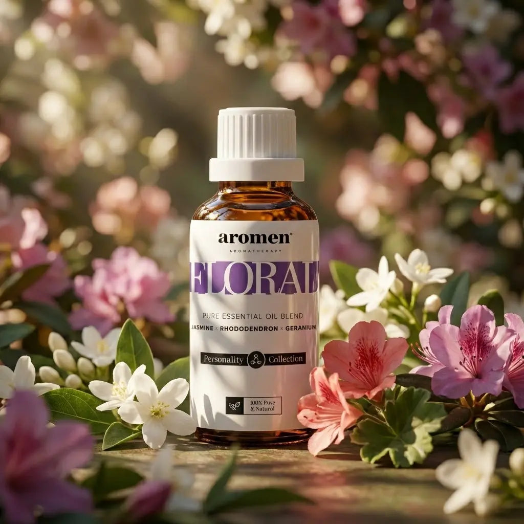 Aromen Floral Blend med illustrerte blomster og urter i bakgrunnen
