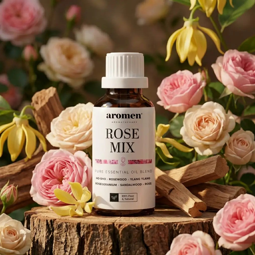 Aromen Rose Mix med illustrerte roser, ylang-ylang og sandeltre i bakgrunnen