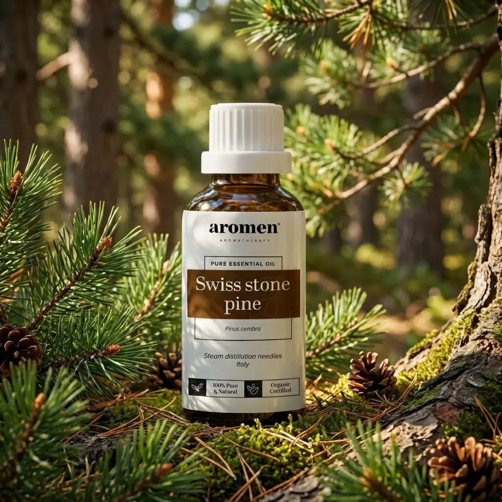 Aromen Swiss Stone Pine med illustrert sveitsisk steinfuru i bakgrunnen