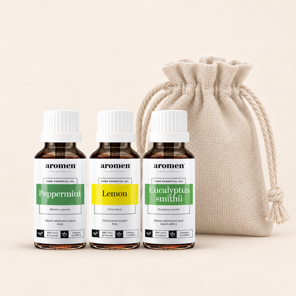 Product illustration: Friskpakken with Aromen Peppermint, Lemon, Eucalyptus Smithii and a linen pouch